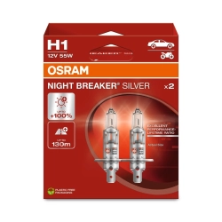 OSRAM H1 ŻARÓWKI SAMOCHODOWE NIGHT BREAKER SILVER +100% +130M 12V DUO BOX