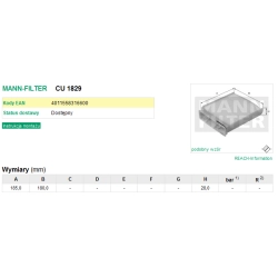 FILTR KABINOWY MANN FILTER CU 1829