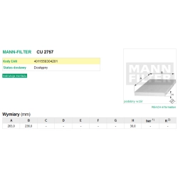 FILTR KABINOWY MANN FILTER CU 2757